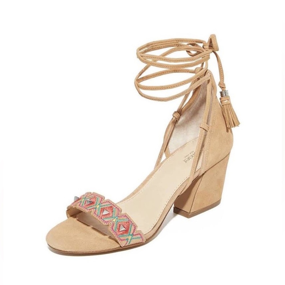 NWOT Vintage Botkier Suede Penelope City Sandal Lace Up Aztec Beaded Heel